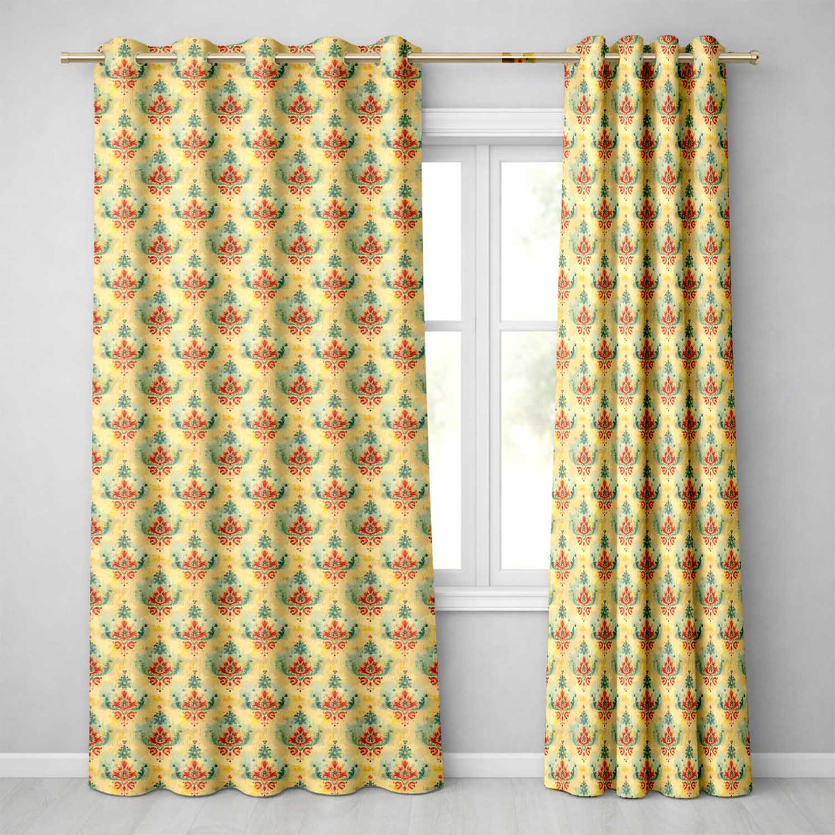 Vintage Distressed Damask Motif Pattern in Red Teal and Gold Readymade Eyelet Ring Top Thermal 100% Blackout Curtains