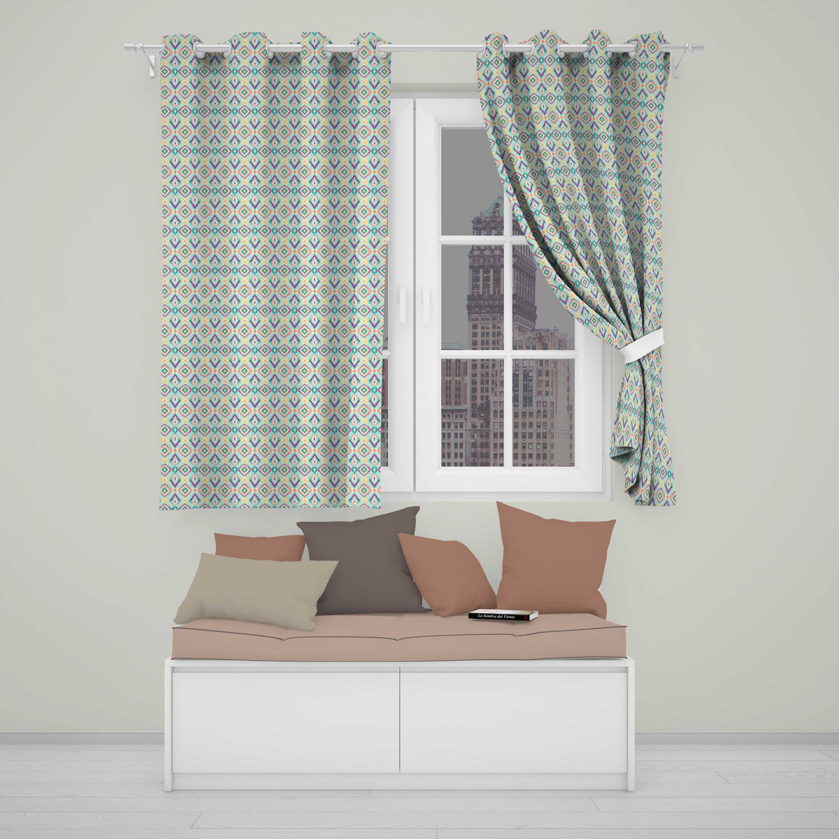 Pastel Geometric Diamond Ikat Pattern in Aqua Pink and Yellow Readymade Eyelet Ring Top Thermal 100% Blackout Curtains