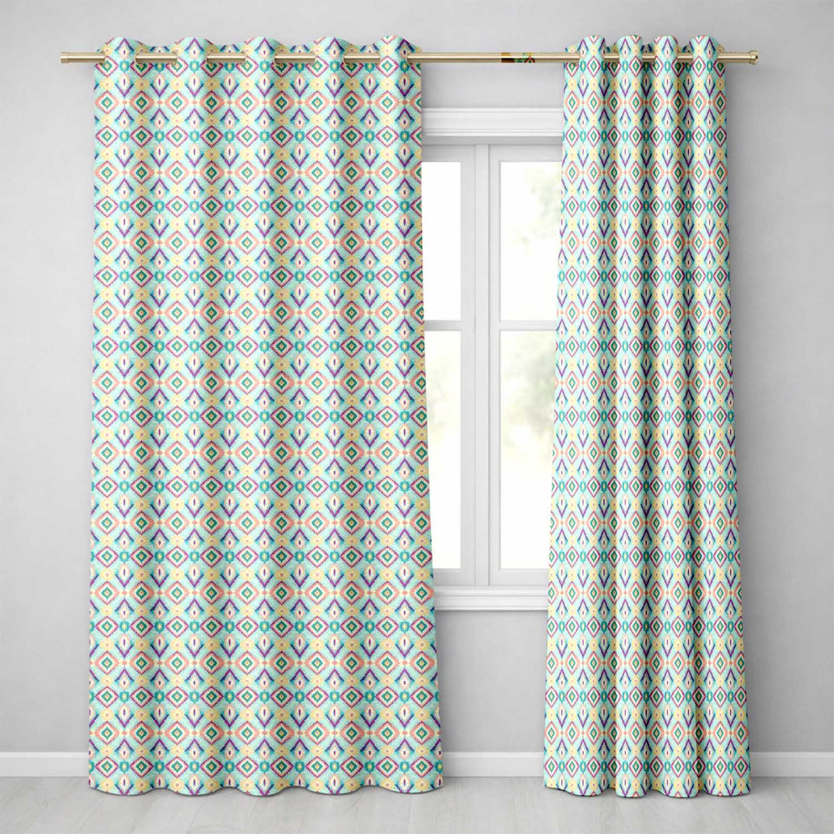 Pastel Geometric Diamond Ikat Pattern in Aqua Pink and Yellow Readymade Eyelet Ring Top Thermal 100% Blackout Curtains