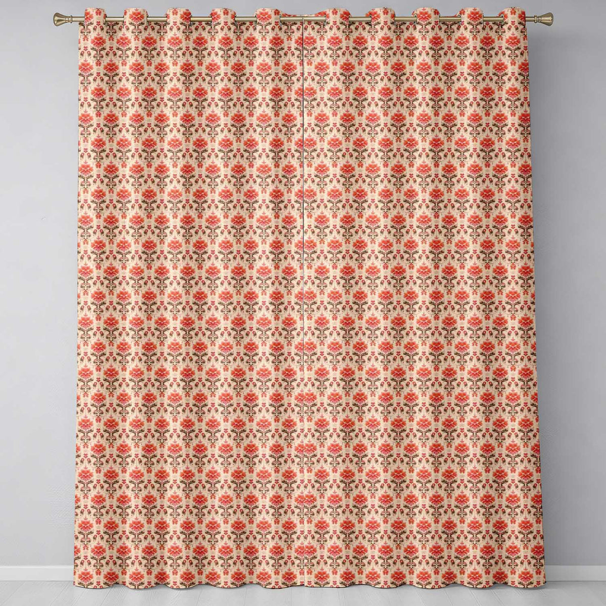 Vintage Floral Damask Pattern in Red and Taupe on Beige Background Readymade Eyelet Ring Top Thermal 100% Blackout Curtains