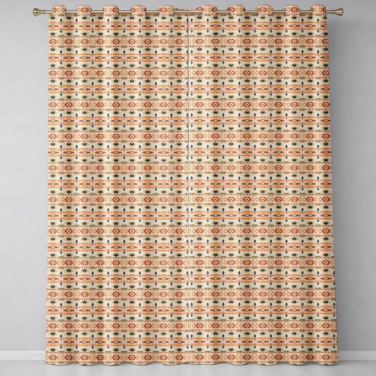 Southwestern Tribal Stripe Pattern in Terracotta Black and Sand Tones Readymade Eyelet Ring Top Thermal 100% Blackout Curtains