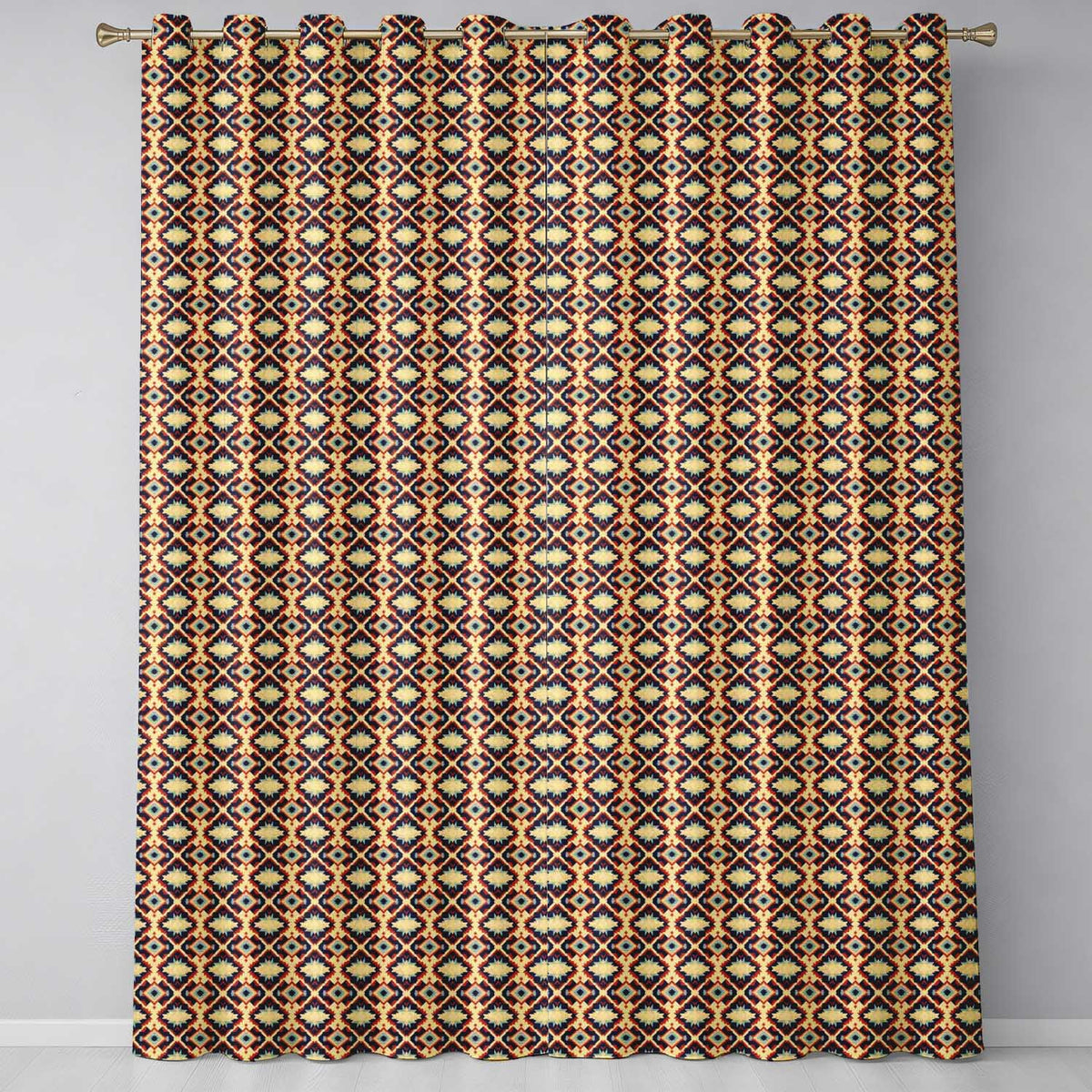 Bold Geometric Navajo Diamond Pattern in Red Navy and Cream Readymade Eyelet Ring Top Thermal 100% Blackout Curtains