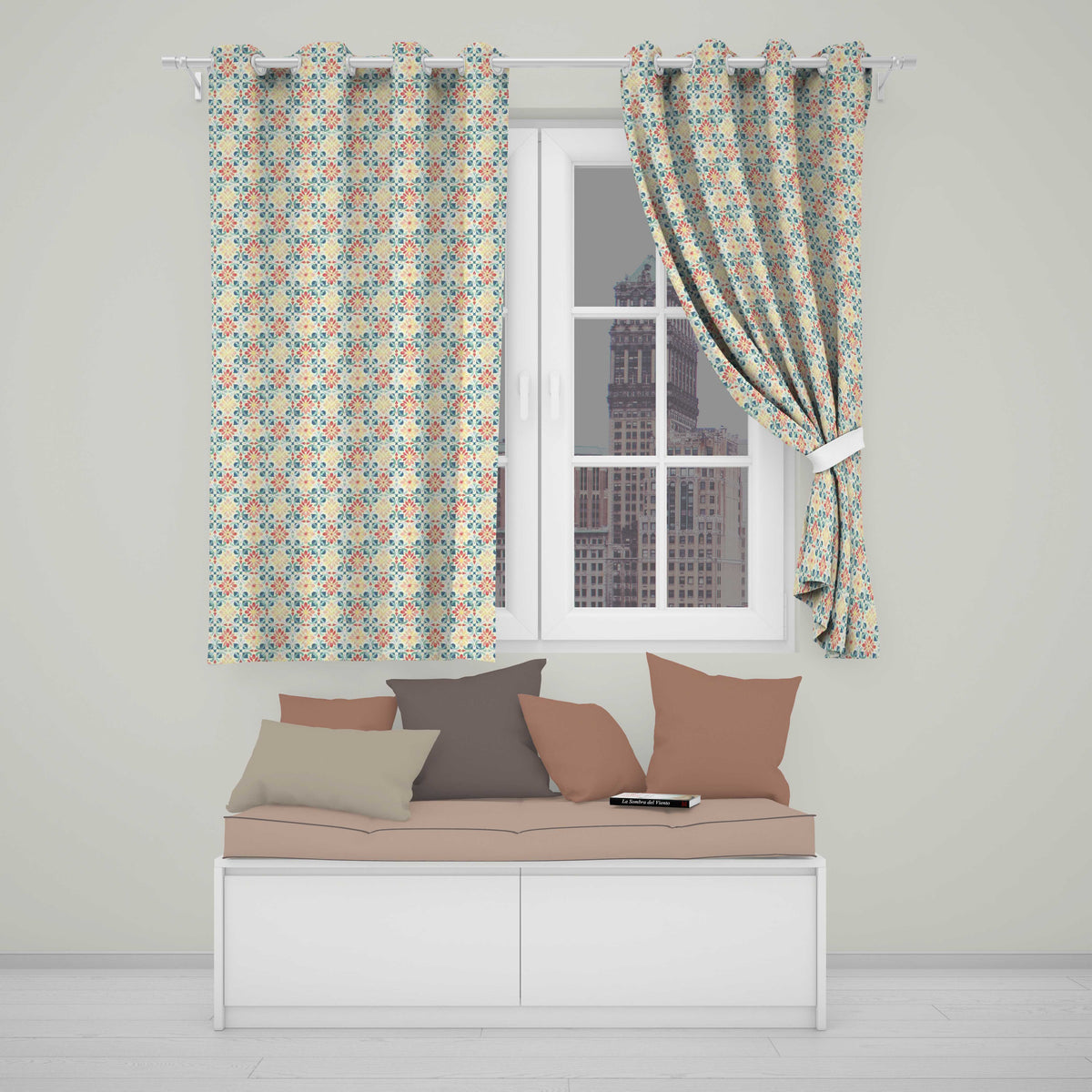 Pastel Floral Tile Pattern in Coral Blue and Yellow on Soft Cream Background Readymade Eyelet Ring Top Thermal 100% Blackout Curtains