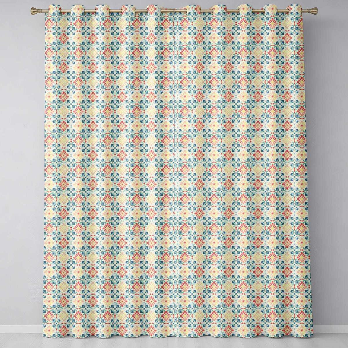 Pastel Floral Tile Pattern in Coral Blue and Yellow on Soft Cream Background Readymade Eyelet Ring Top Thermal 100% Blackout Curtains