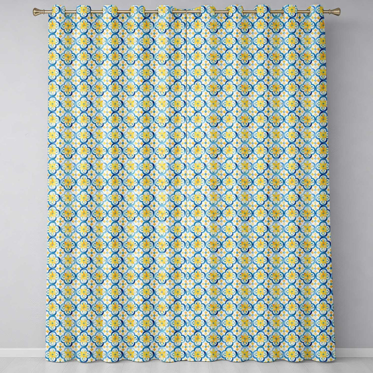 Blue and Yellow Mediterranean Tile Pattern with Floral Motifs Readymade Eyelet Ring Top Thermal 100% Blackout Curtains