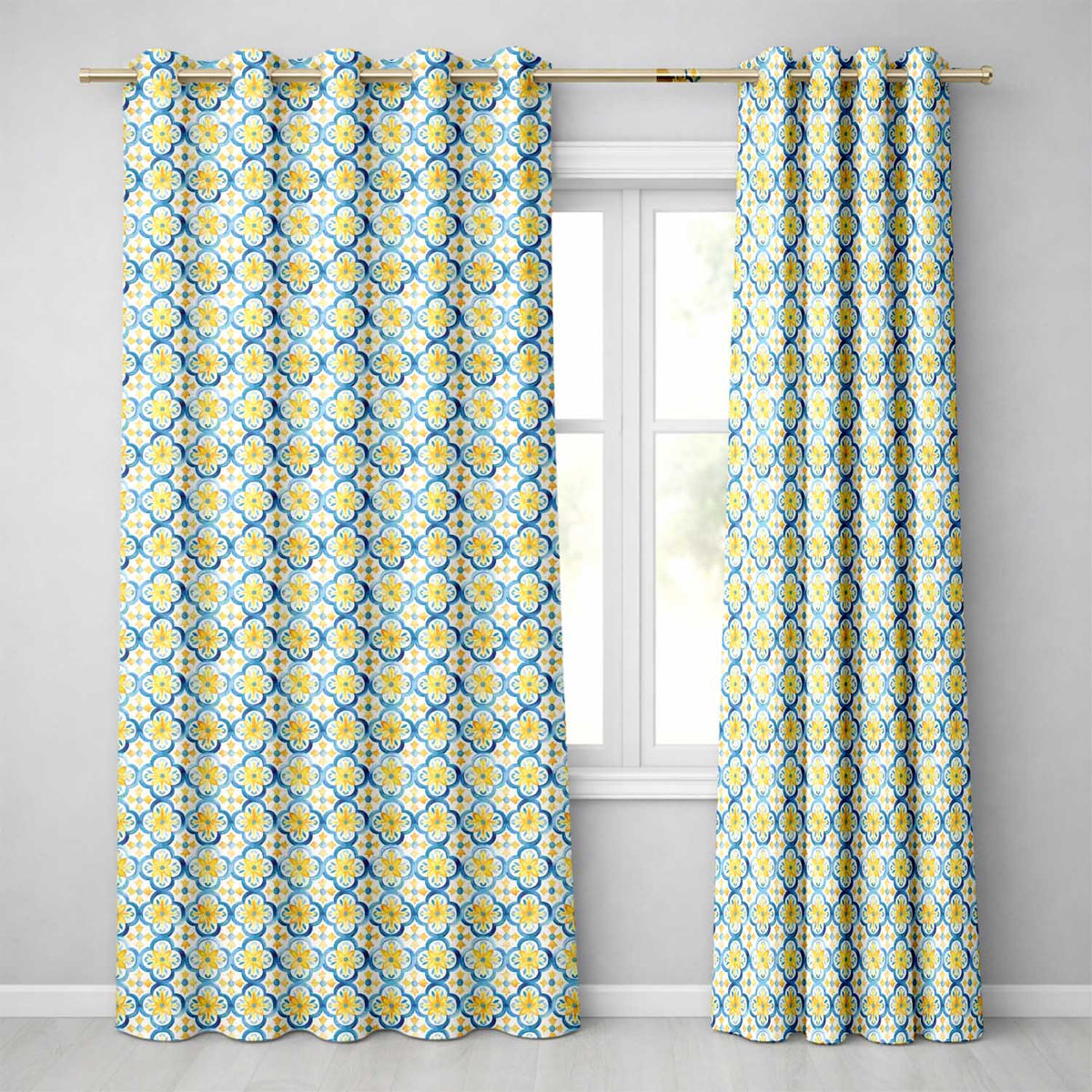 Blue and Yellow Mediterranean Tile Pattern with Floral Motifs Readymade Eyelet Ring Top Thermal 100% Blackout Curtains