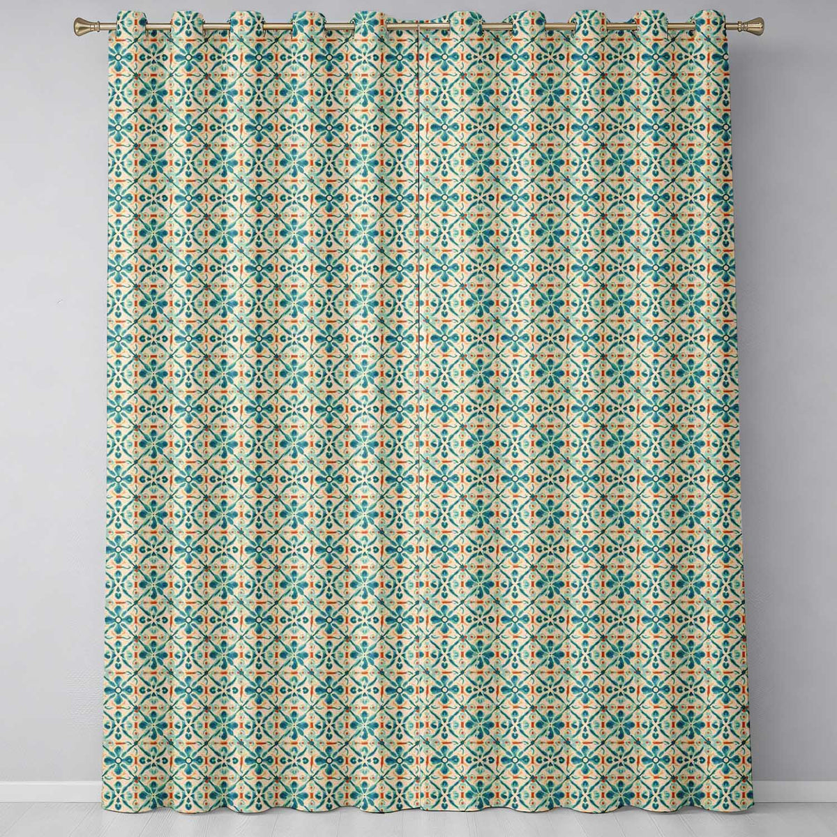 Teal and Coral Geometric Floral Tile Pattern on Warm Cream Background Readymade Eyelet Ring Top Thermal 100% Blackout Curtains