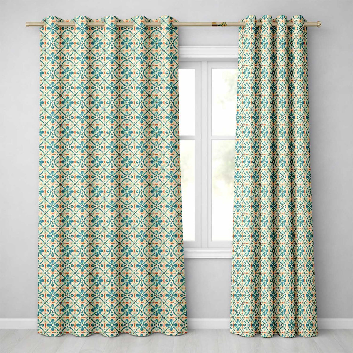 Teal and Coral Geometric Floral Tile Pattern on Warm Cream Background Readymade Eyelet Ring Top Thermal 100% Blackout Curtains