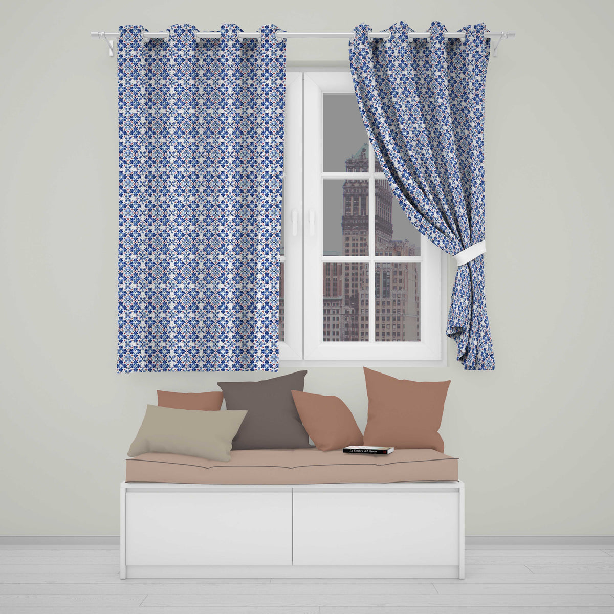 Classic Blue Floral Portuguese Tile Pattern with Red Accents on White Readymade Eyelet Ring Top Thermal 100% Blackout Curtains