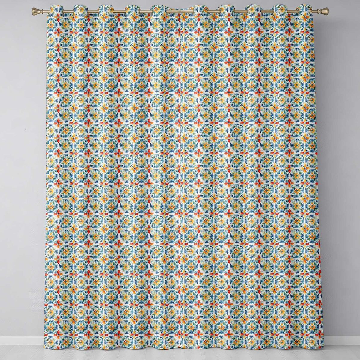 Vibrant Watercolour Floral Tile Pattern in Blue Orange and Yellow Tones Readymade Eyelet Ring Top Thermal 100% Blackout Curtains