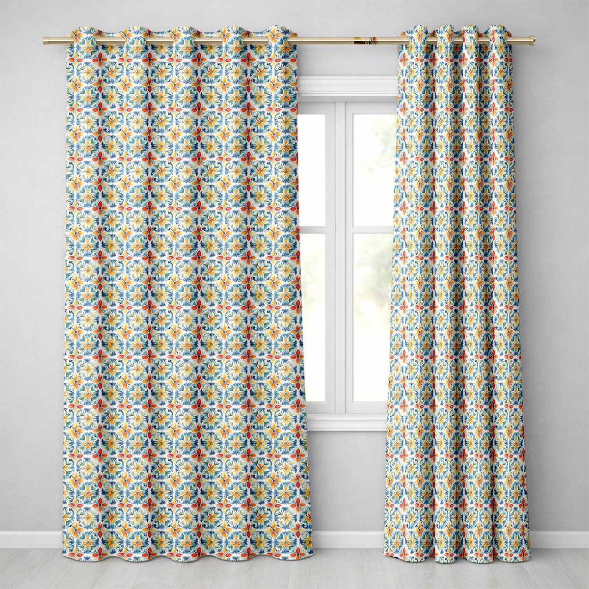 Vibrant Watercolour Floral Tile Pattern in Blue Orange and Yellow Tones Readymade Eyelet Ring Top Thermal 100% Blackout Curtains