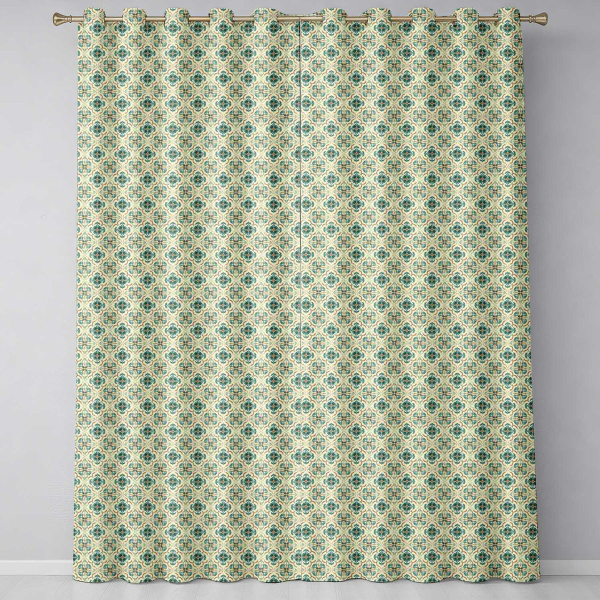 Teal and Cream Ornamental Floral Tile Pattern with Subtle Orange Accents Readymade Eyelet Ring Top Thermal 100% Blackout Curtains