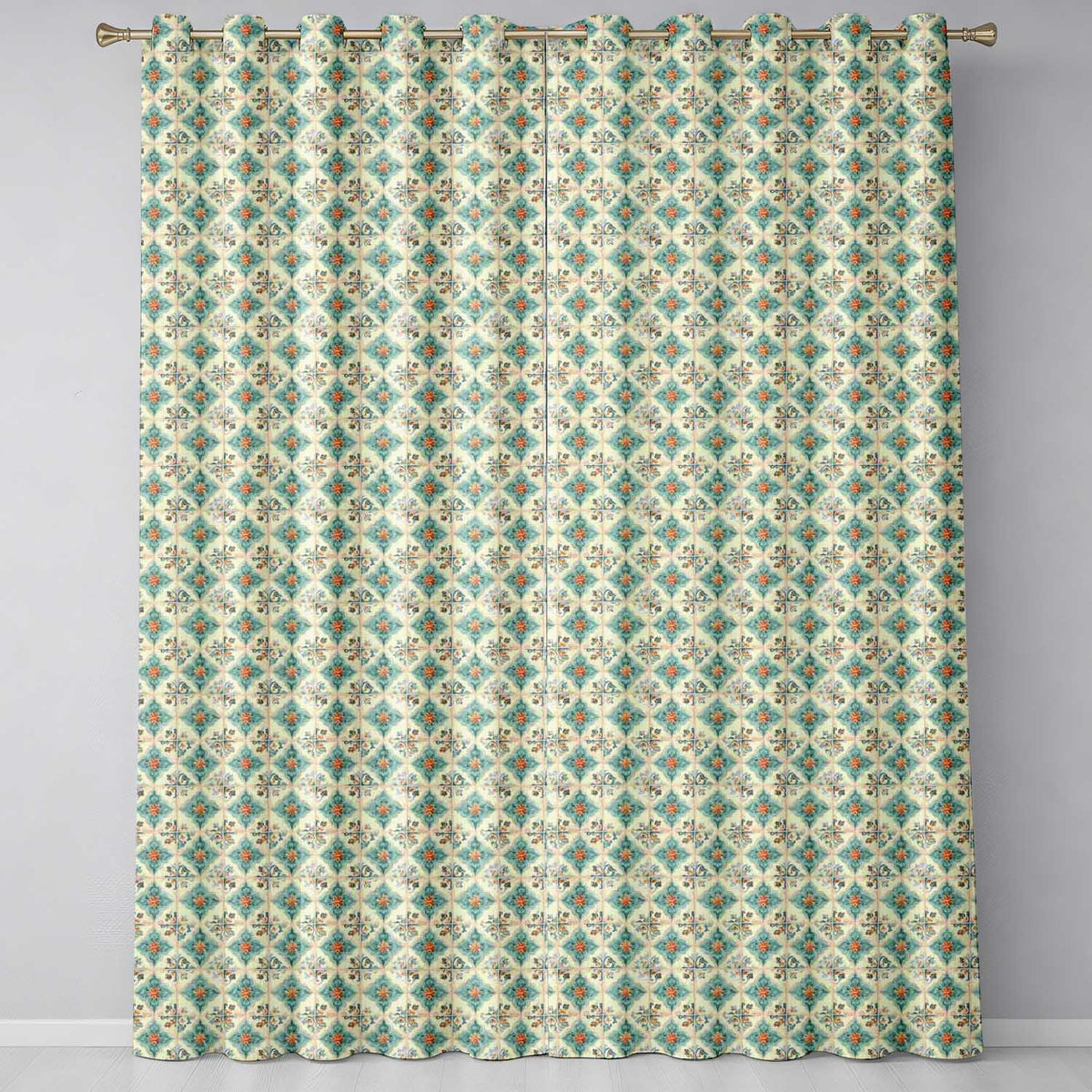 Soft Aqua Blue Vintage Tile Pattern with Orange Floral Centres Readymade Eyelet Ring Top Thermal 100% Blackout Curtains