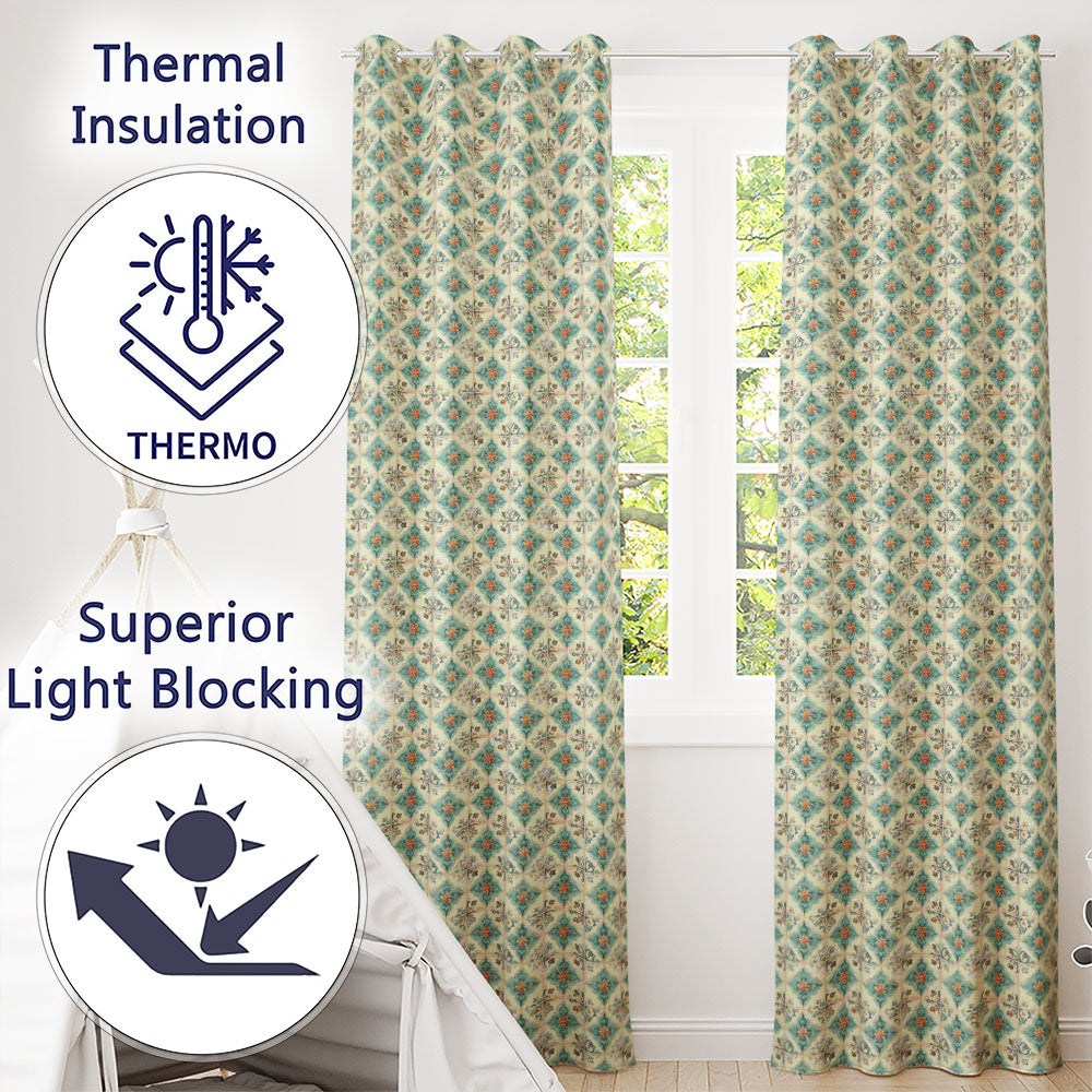 Soft Aqua Blue Vintage Tile Pattern with Orange Floral Centres Readymade Eyelet Ring Top Thermal 100% Blackout Curtains