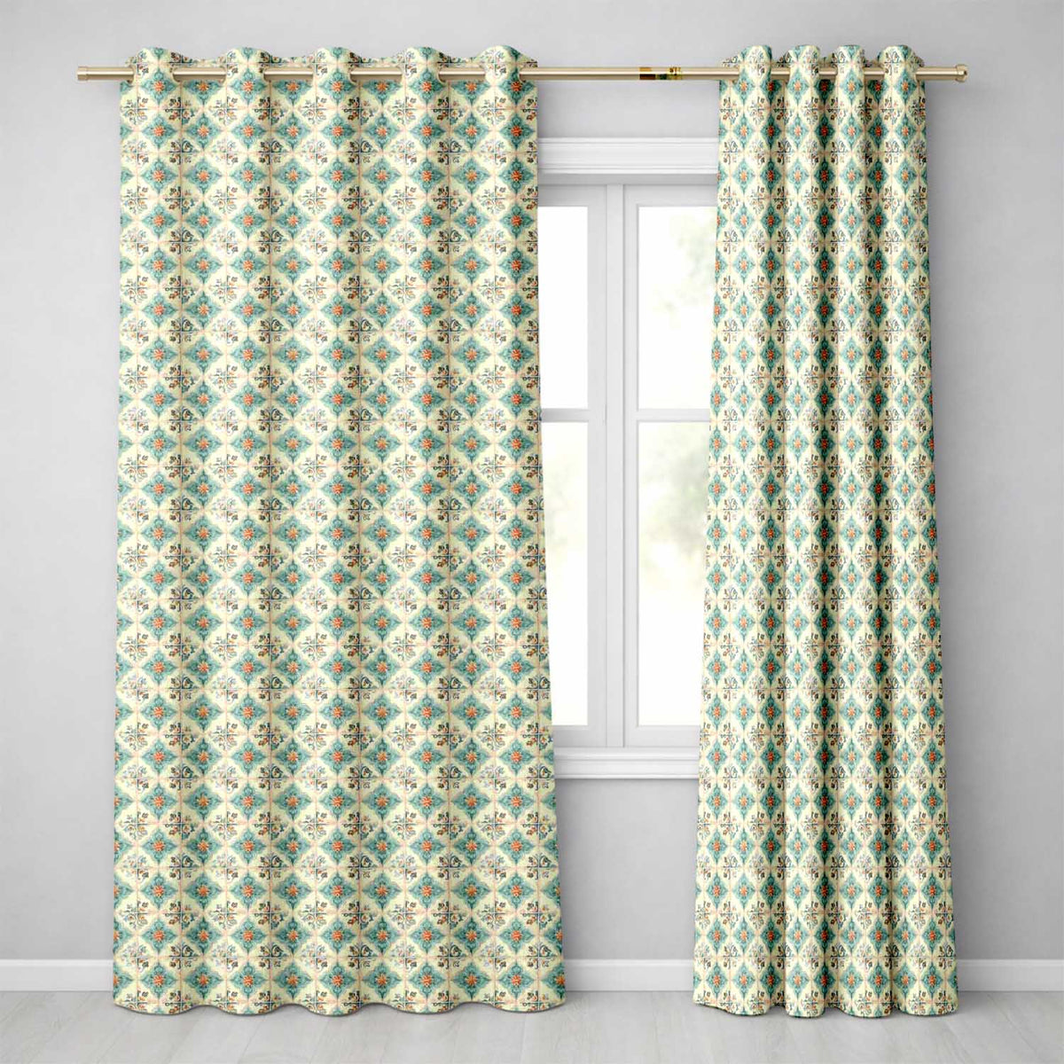 Soft Aqua Blue Vintage Tile Pattern with Orange Floral Centres Readymade Eyelet Ring Top Thermal 100% Blackout Curtains