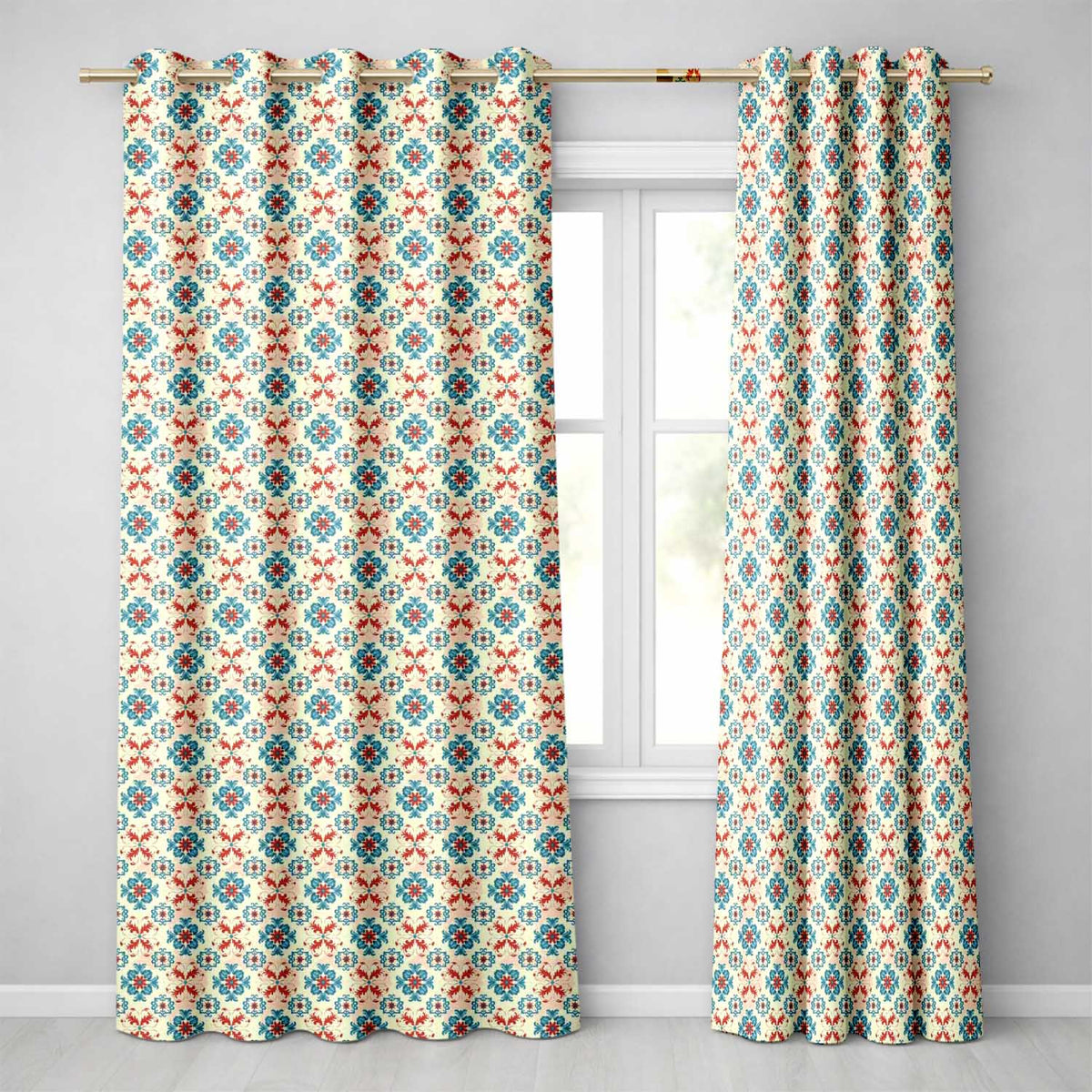 Teal and Red Folk Floral Tile Pattern with Decorative Motifs on Warm Cream Readymade Eyelet Ring Top Thermal 100% Blackout Curtains