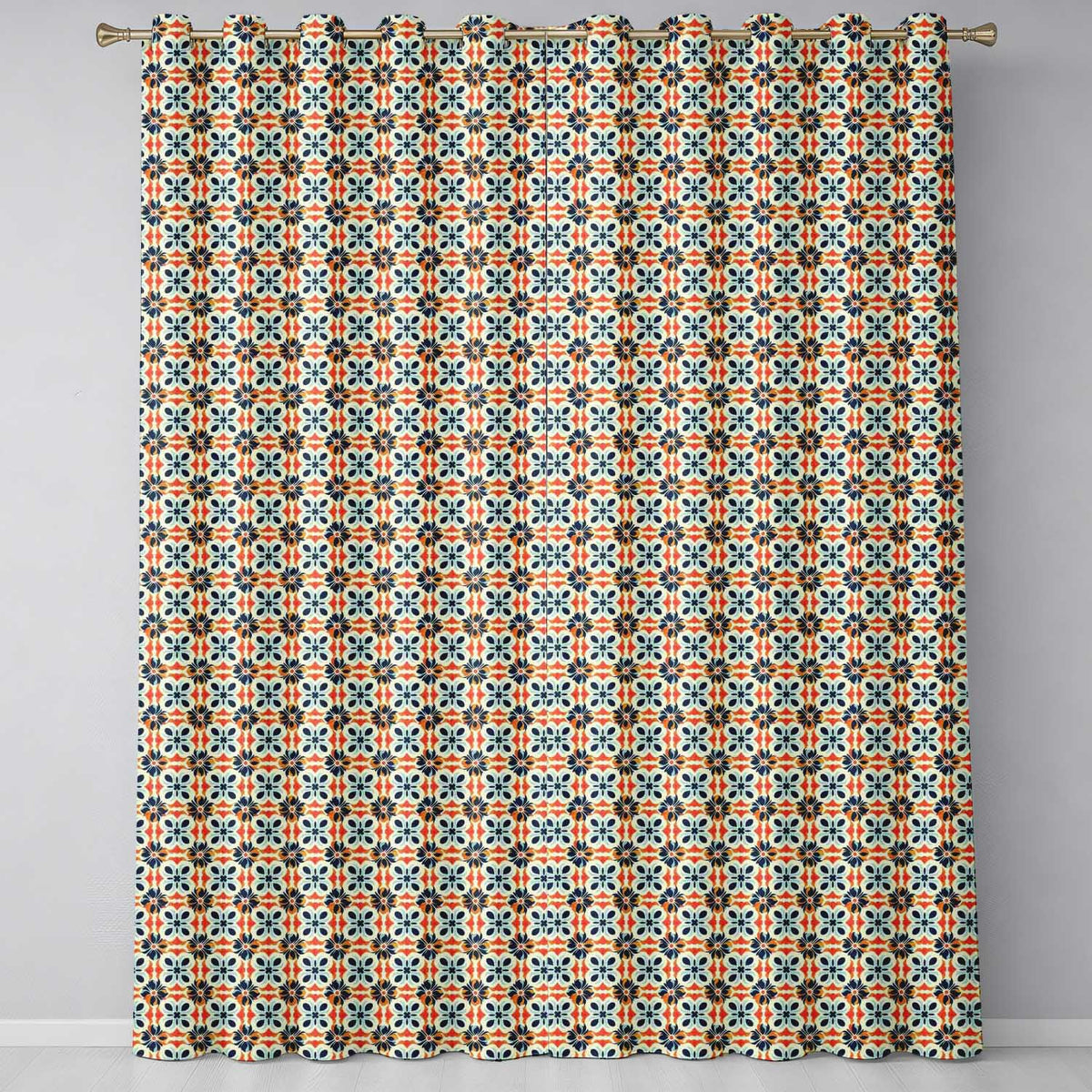 Bold Floral Tile in Navy, Orange and Cream with Symmetrical Design Readymade Eyelet Ring Top Thermal 100% Blackout Curtains
