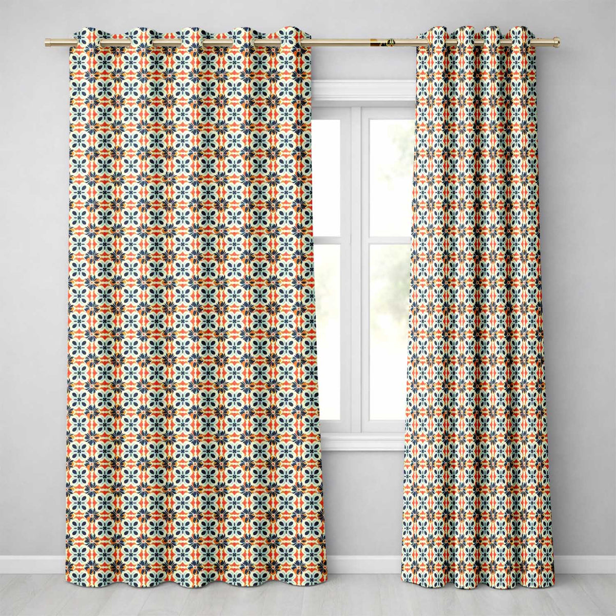 Bold Floral Tile in Navy, Orange and Cream with Symmetrical Design Readymade Eyelet Ring Top Thermal 100% Blackout Curtains