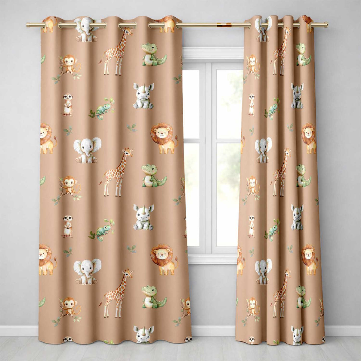 Safari Animals with Elephant Lion and Crocodile on Warm Tan Background Readymade Eyelet Ring Top Thermal 100% Blackout Curtains