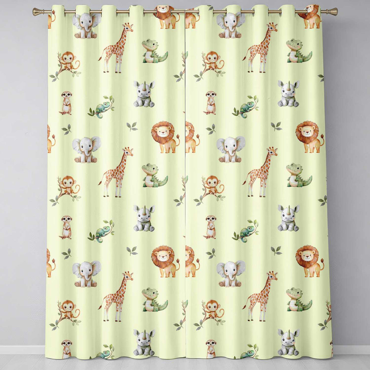 Safari Animals with Elephant Lion and Crocodile on Soft Neutral Background Readymade Eyelet Ring Top Thermal 100% Blackout Curtains