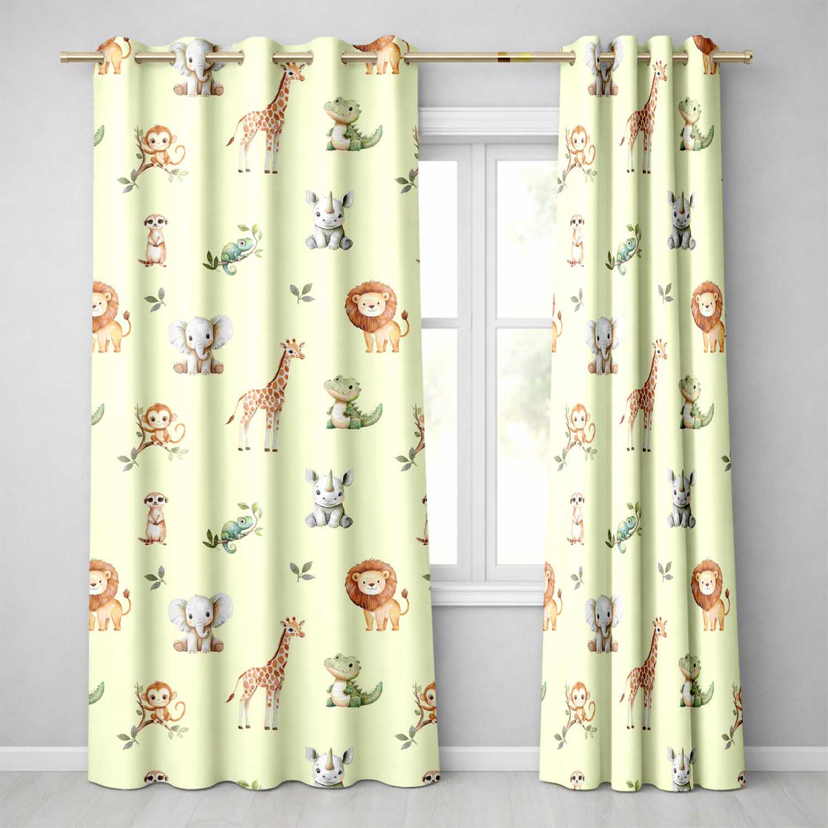 Safari Animals with Elephant Lion and Crocodile on Soft Neutral Background Readymade Eyelet Ring Top Thermal 100% Blackout Curtains