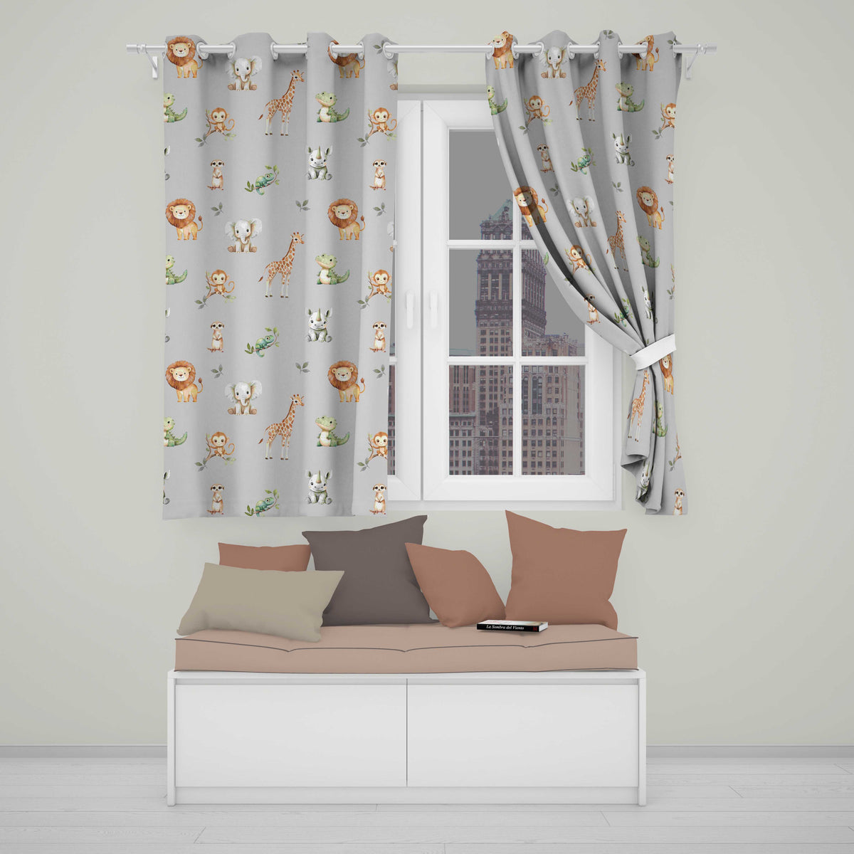 Safari Animals with Elephant Lion and Crocodile on Cool Grey Background Readymade Eyelet Ring Top Thermal 100% Blackout Curtains