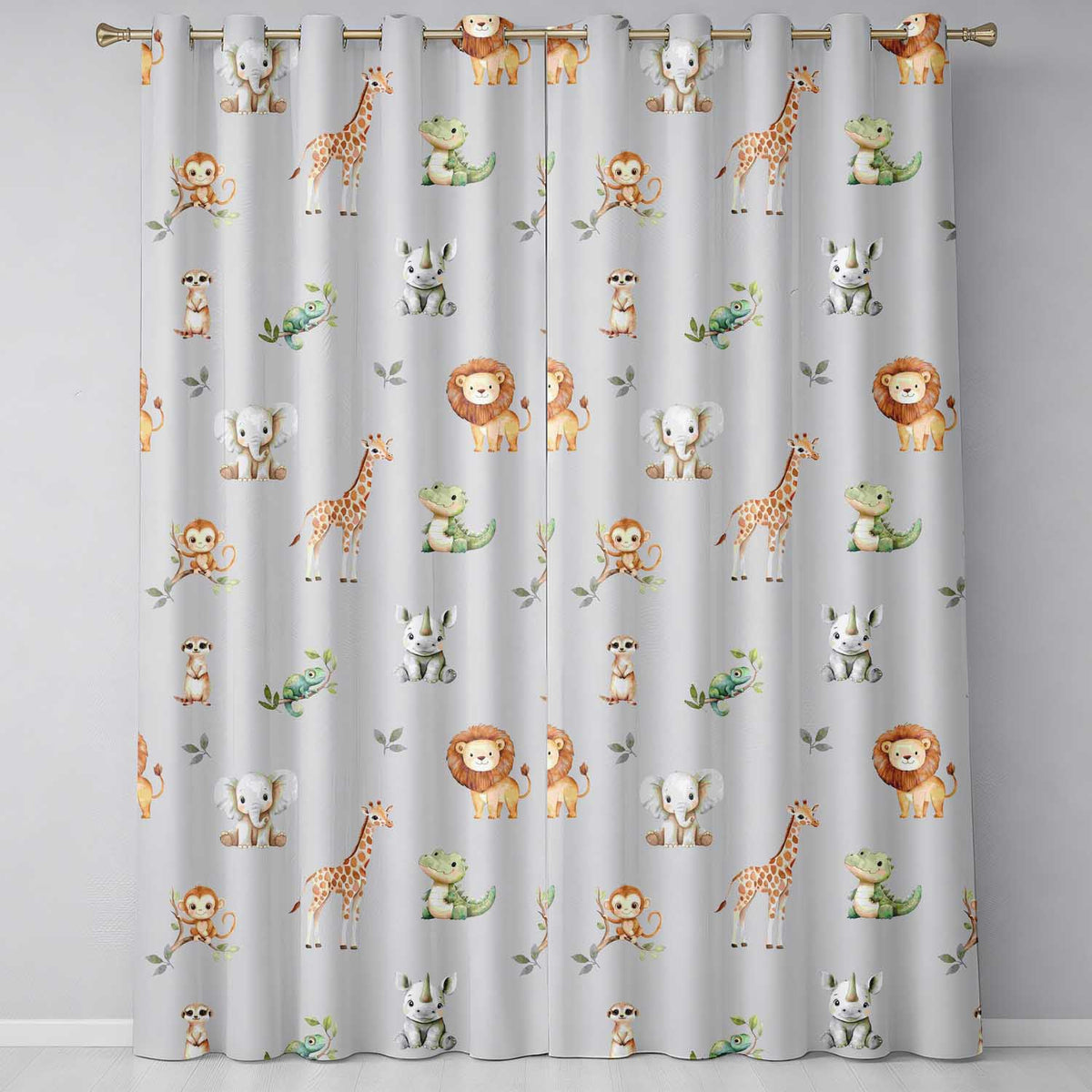 Safari Animals with Elephant Lion and Crocodile on Cool Grey Background Readymade Eyelet Ring Top Thermal 100% Blackout Curtains