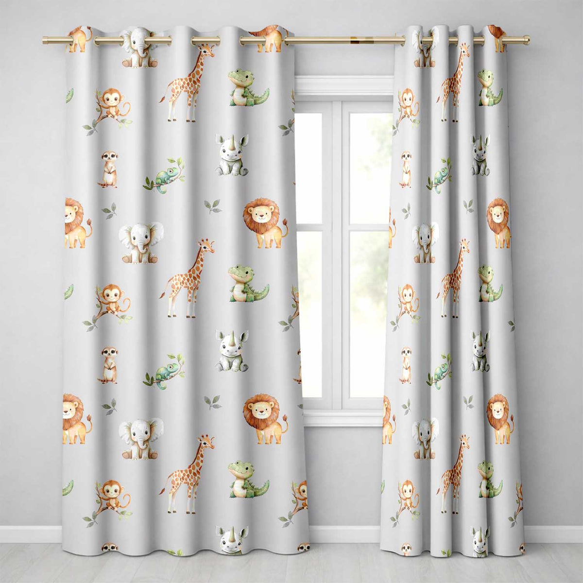 Safari Animals with Elephant Lion and Crocodile on Cool Grey Background Readymade Eyelet Ring Top Thermal 100% Blackout Curtains