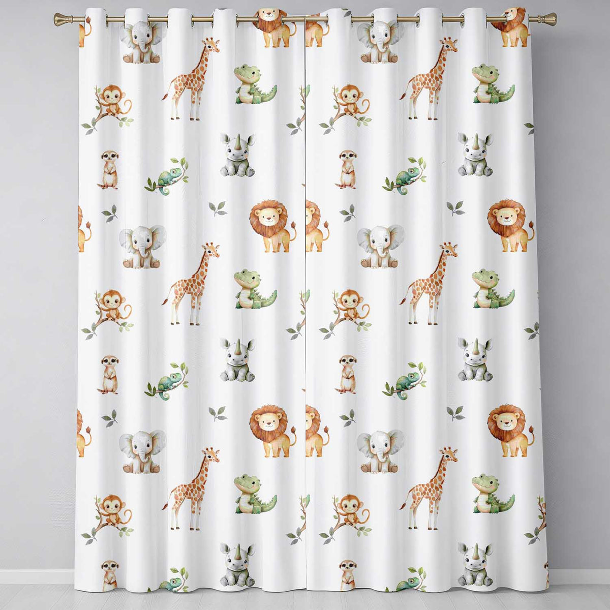 Safari Animals with Elephant Lion and Crocodile on Grey Background Readymade Eyelet Ring Top Thermal 100% Blackout Curtains