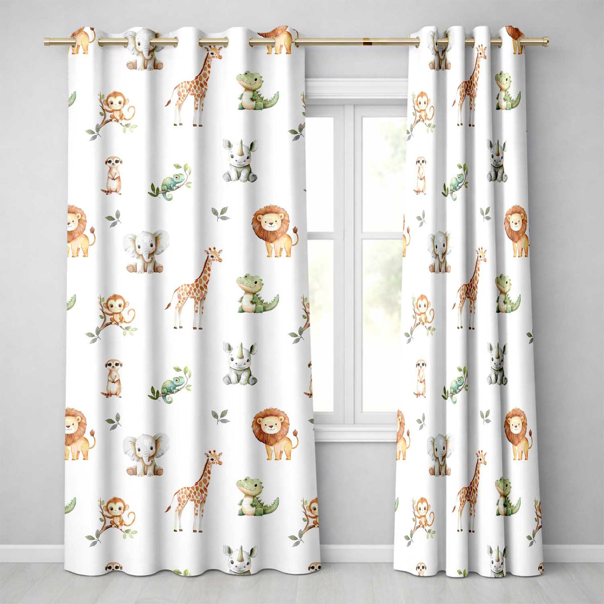 Safari Animals with Elephant Lion and Crocodile on Grey Background Readymade Eyelet Ring Top Thermal 100% Blackout Curtains