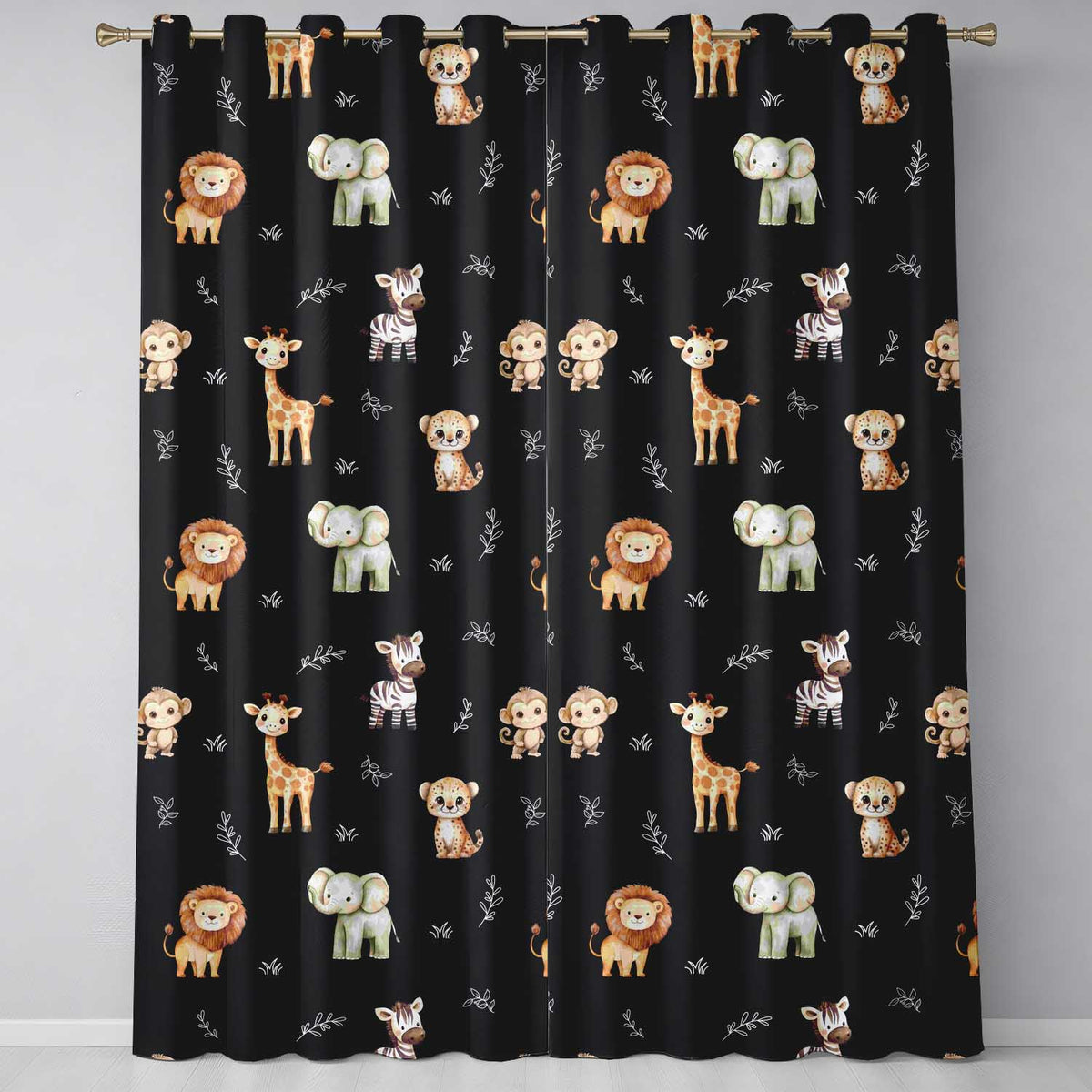 Safari Animals with Elephant Lion Cub and Elephant on Black Background Readymade Eyelet Ring Top Thermal 100% Blackout Curtains