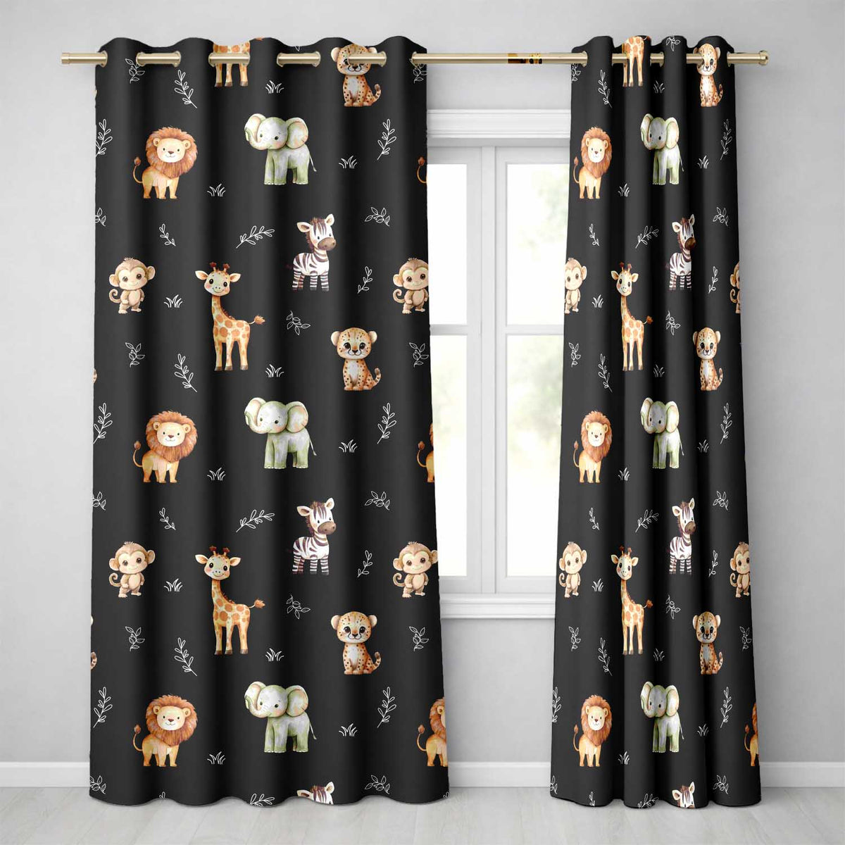 Safari Animals with Elephant Lion Cub and Elephant on Black Background Readymade Eyelet Ring Top Thermal 100% Blackout Curtains