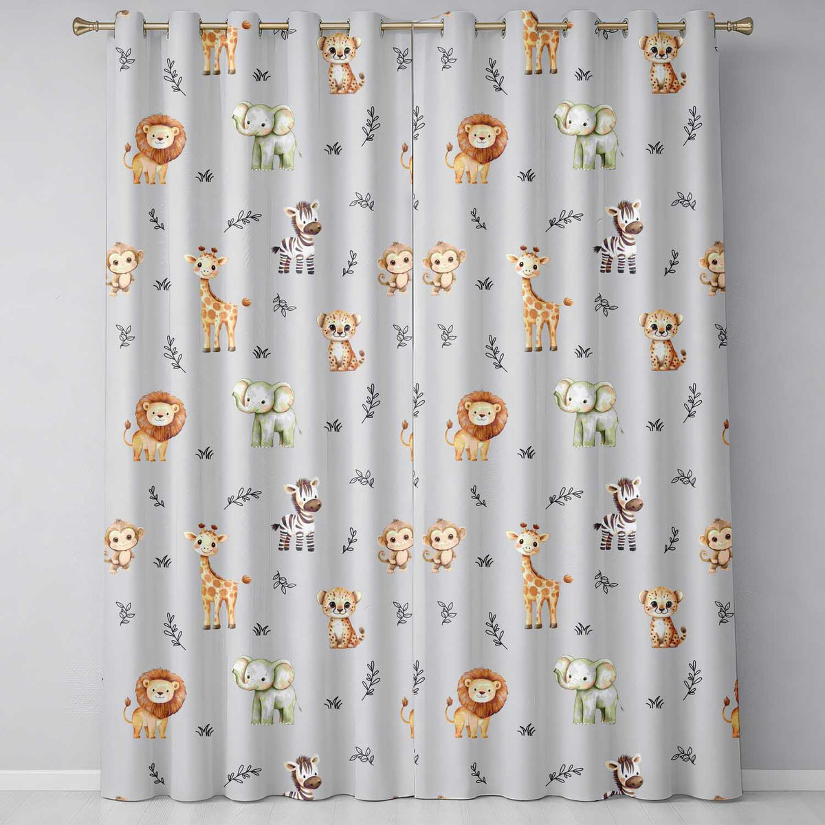 Safari Animals with Elephant Lion and Leopard Cub on Cool Grey Background Readymade Eyelet Ring Top Thermal 100% Blackout Curtains