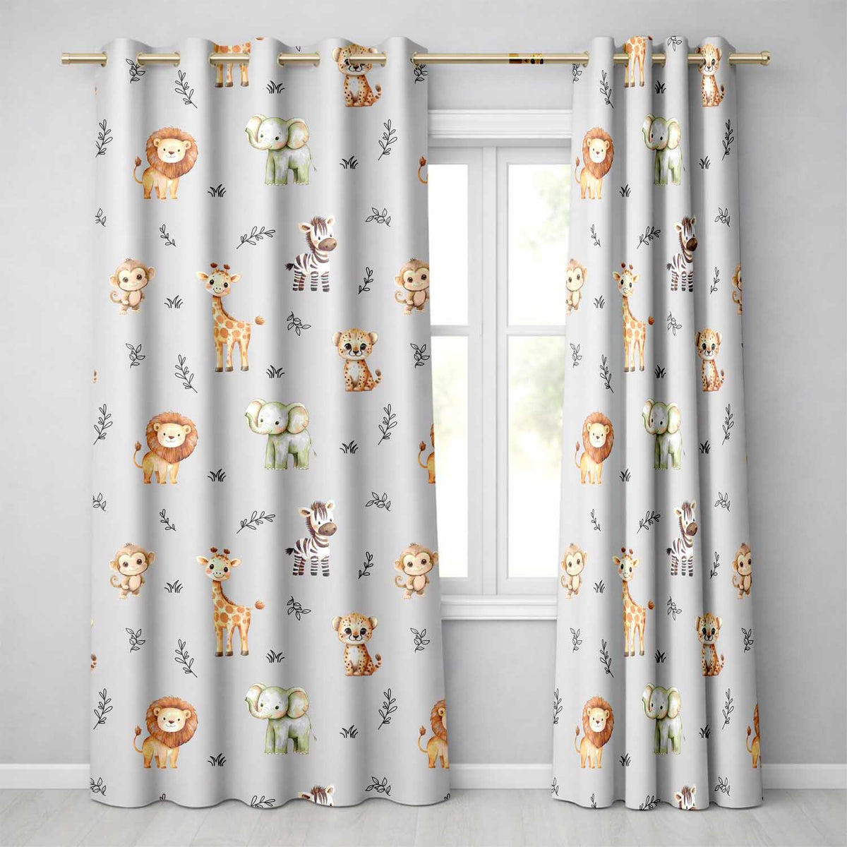Safari Animals with Elephant Lion and Leopard Cub on Cool Grey Background Readymade Eyelet Ring Top Thermal 100% Blackout Curtains