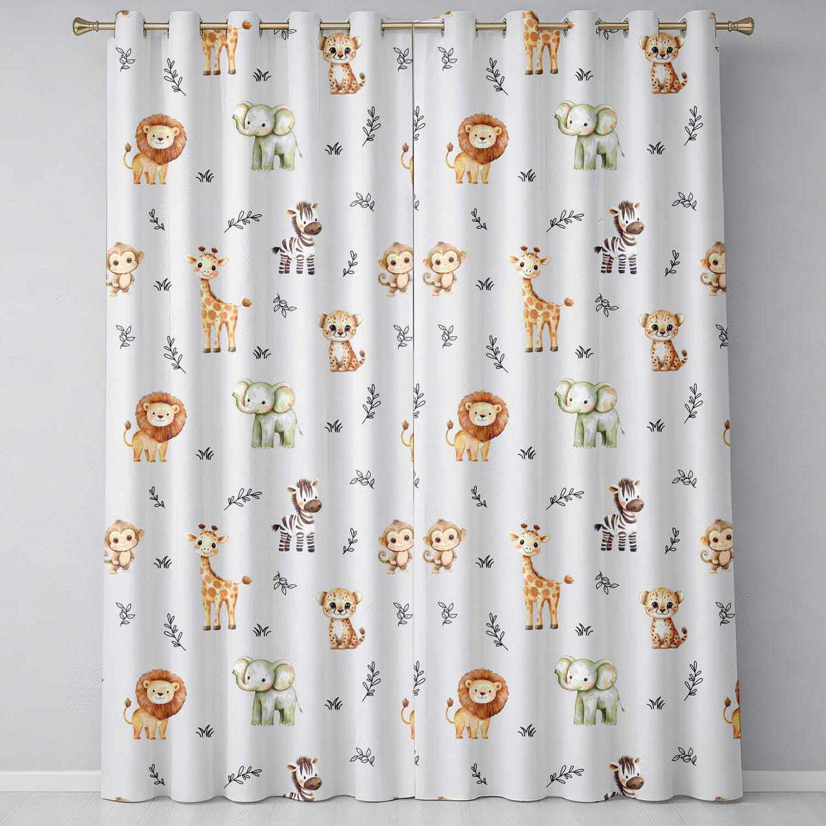 Safari Animals with Elephant Lion and Leopard on Light Grey Background Readymade Eyelet Ring Top Thermal 100% Blackout Curtains