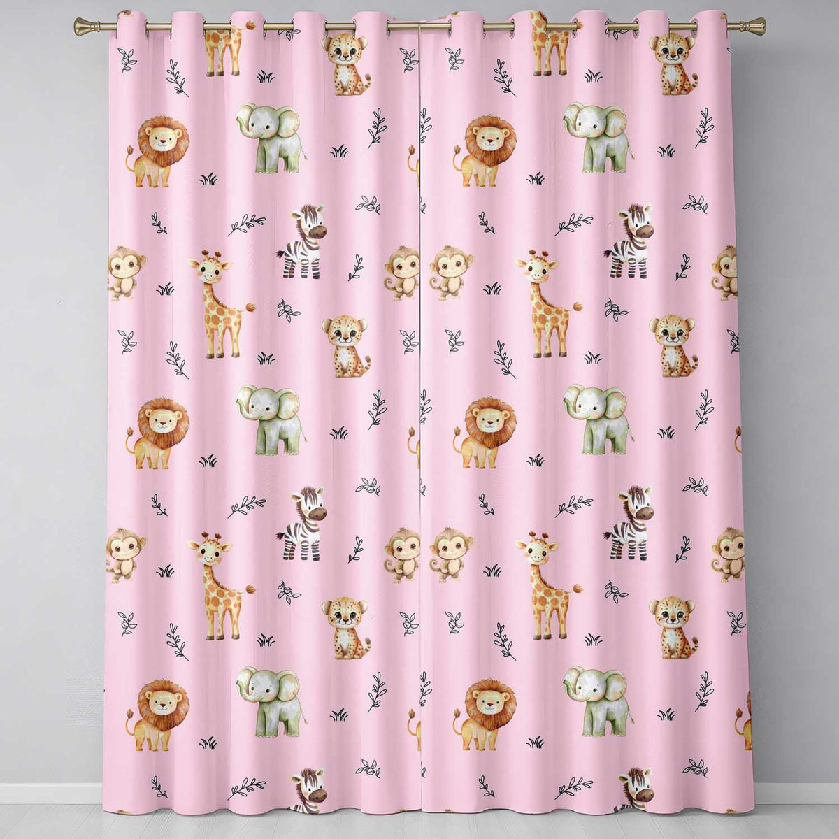 Safari Animals with Elephant Lion and Leopard Cub on Pink Background Readymade Eyelet Ring Top Thermal 100% Blackout Curtains