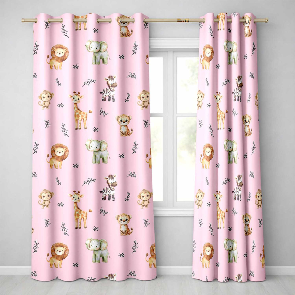 Safari Animals with Elephant Lion and Leopard Cub on Pink Background Readymade Eyelet Ring Top Thermal 100% Blackout Curtains
