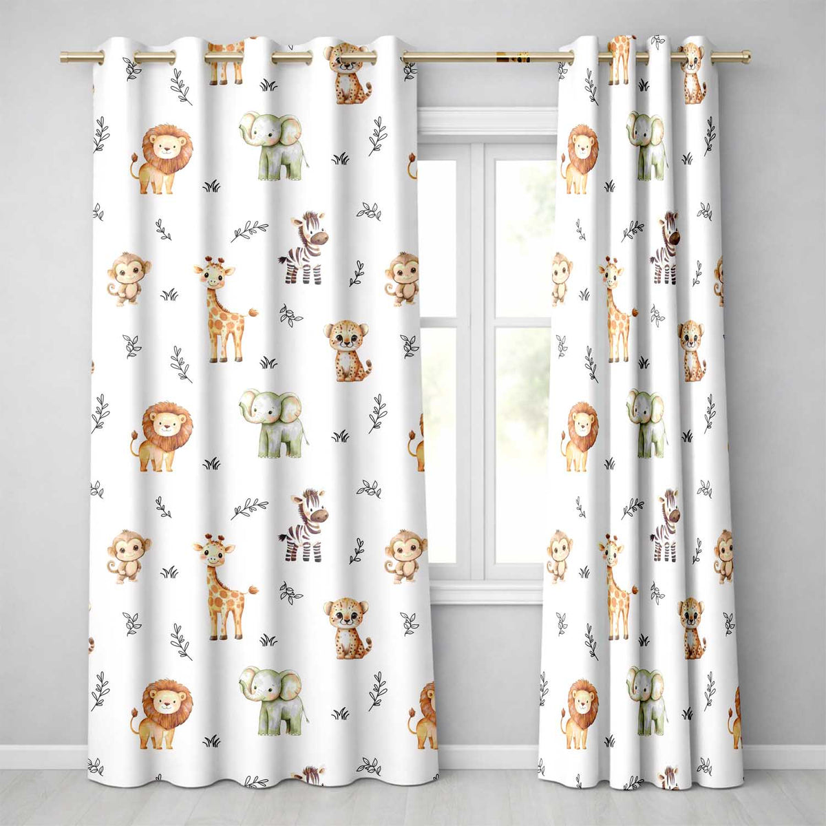 Safari Animals with Elephant Lion and Leopard Cub on White Background Readymade Eyelet Ring Top Thermal 100% Blackout Curtains