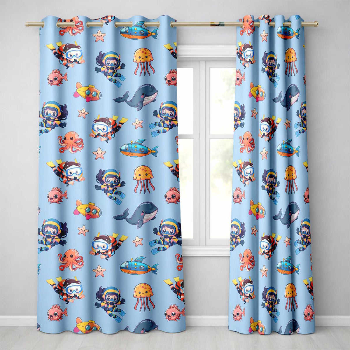Underwater with Scuba Divers Starfish and Whale on Soft Blue Background Readymade Eyelet Ring Top Thermal 100% Blackout Curtains