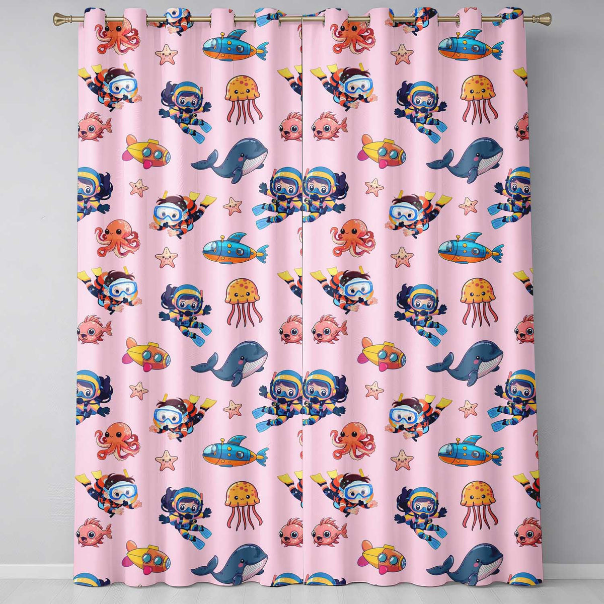 Underwater with Scuba Divers Starfish and Whale on Soft Blush Pink Background Readymade Eyelet Ring Top Thermal 100% Blackout Curtains