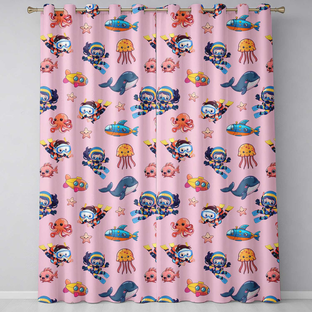 Underwater with Scuba Divers Starfish and Whale on Blush Pink Background Readymade Eyelet Ring Top Thermal 100% Blackout Curtains