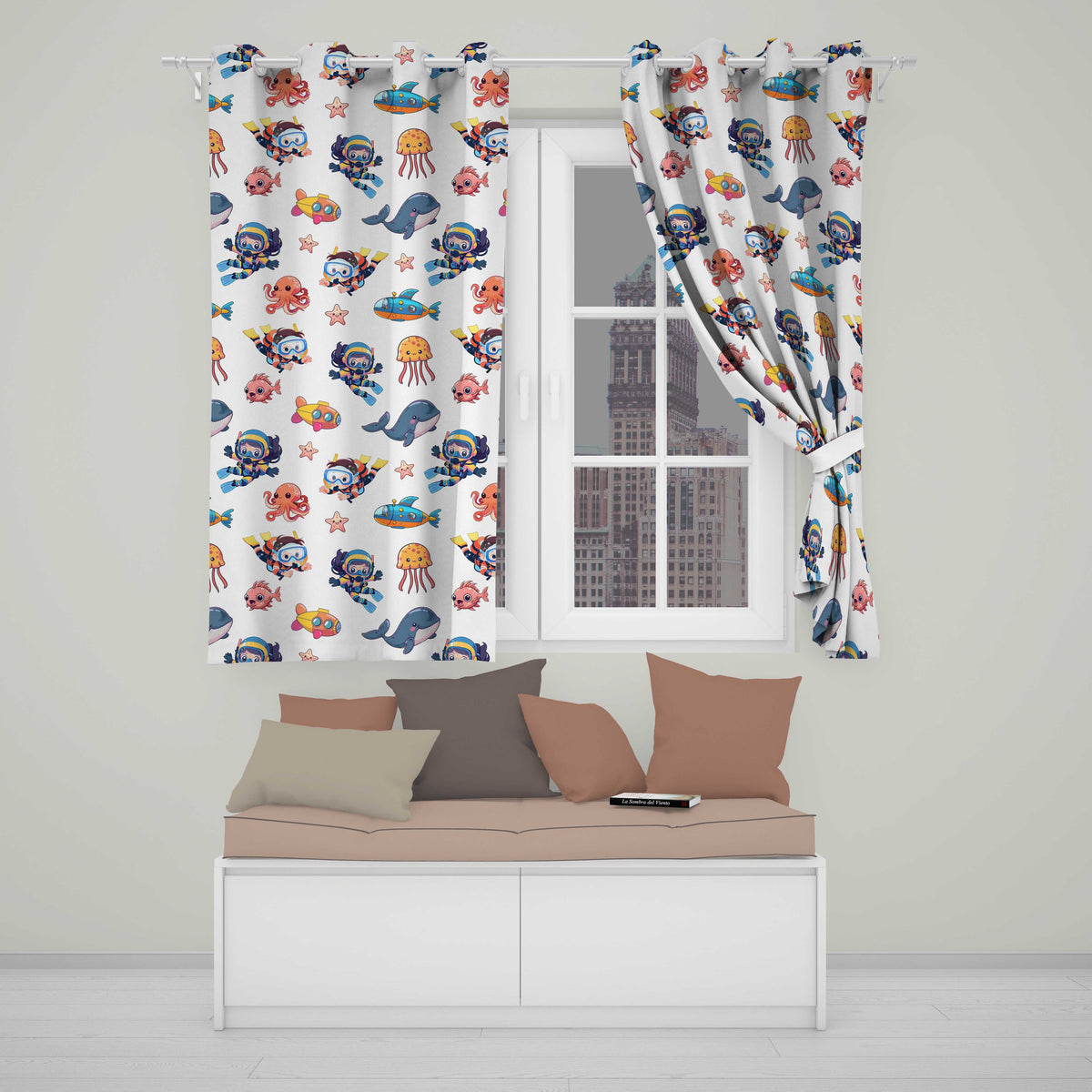 Underwater with Scuba Divers Starfish and Whale on Clean White Background Readymade Eyelet Ring Top Thermal 100% Blackout Curtains