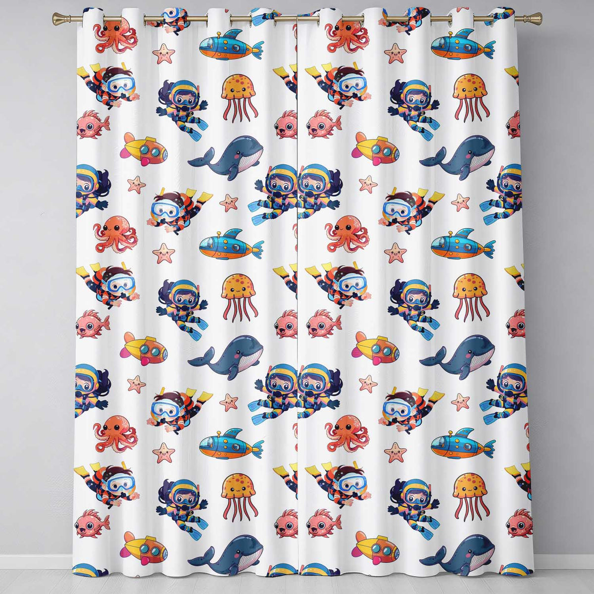 Underwater with Scuba Divers Starfish and Whale on Clean White Background Readymade Eyelet Ring Top Thermal 100% Blackout Curtains