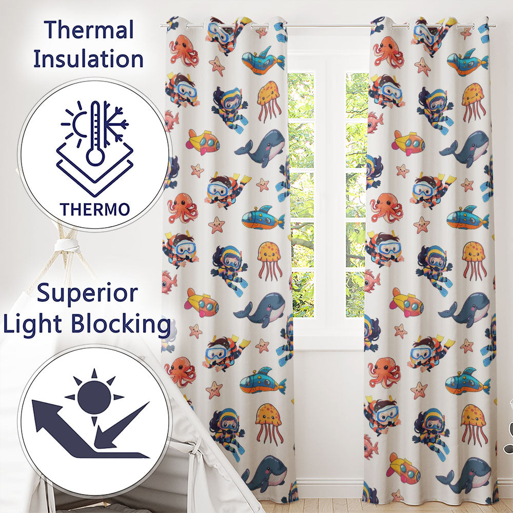 Underwater with Scuba Divers Starfish and Whale on Clean White Background Readymade Eyelet Ring Top Thermal 100% Blackout Curtains