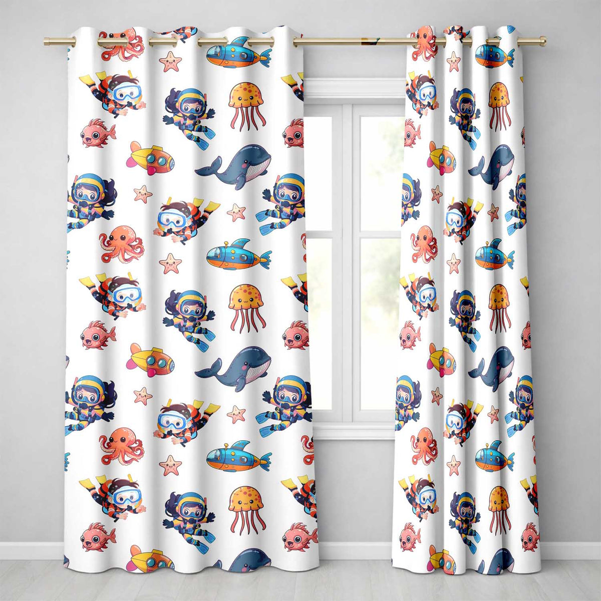 Underwater with Scuba Divers Starfish and Whale on Clean White Background Readymade Eyelet Ring Top Thermal 100% Blackout Curtains