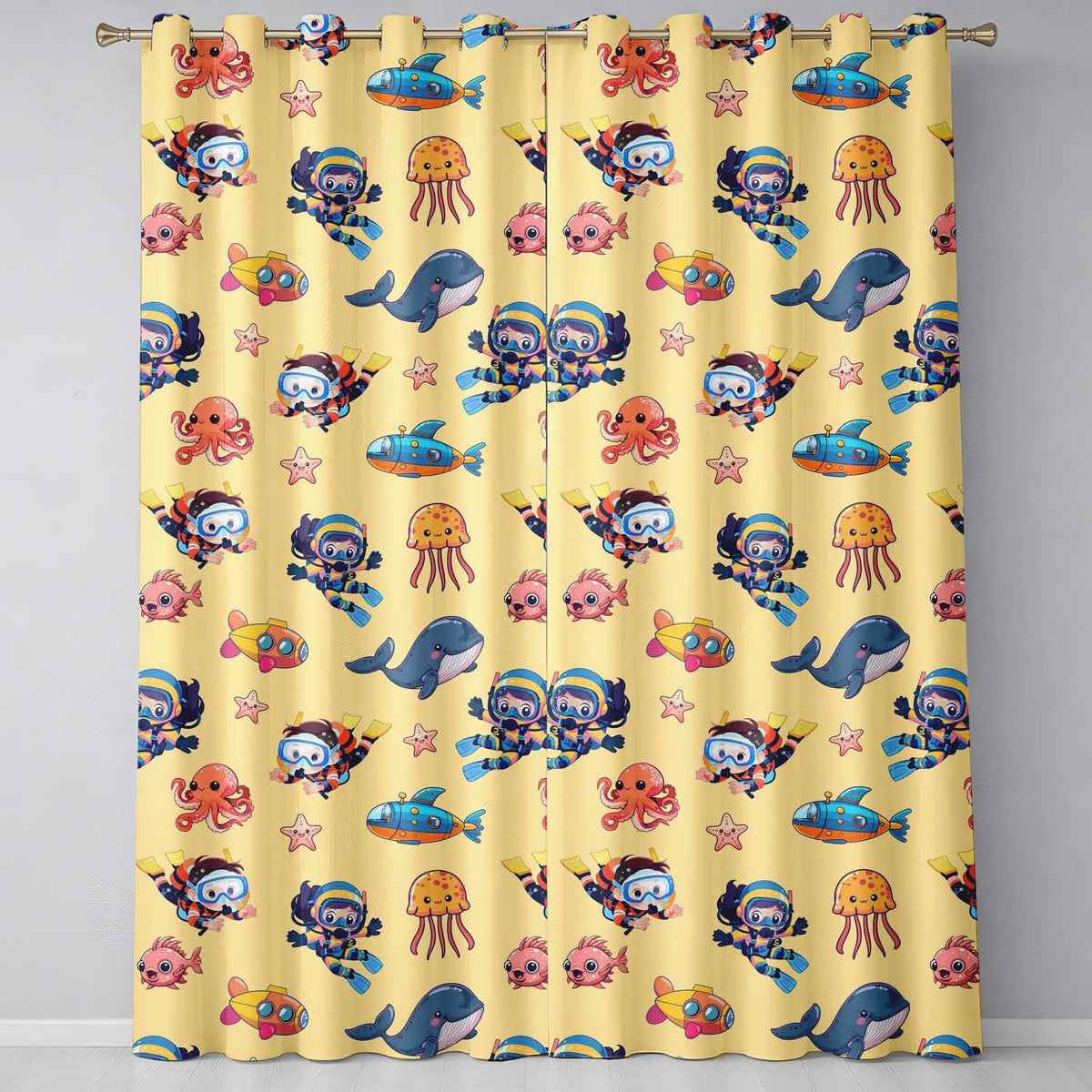 Underwater with Scuba Divers Starfish and Whale on Warm Yellow Background Readymade Eyelet Ring Top Thermal 100% Blackout Curtains