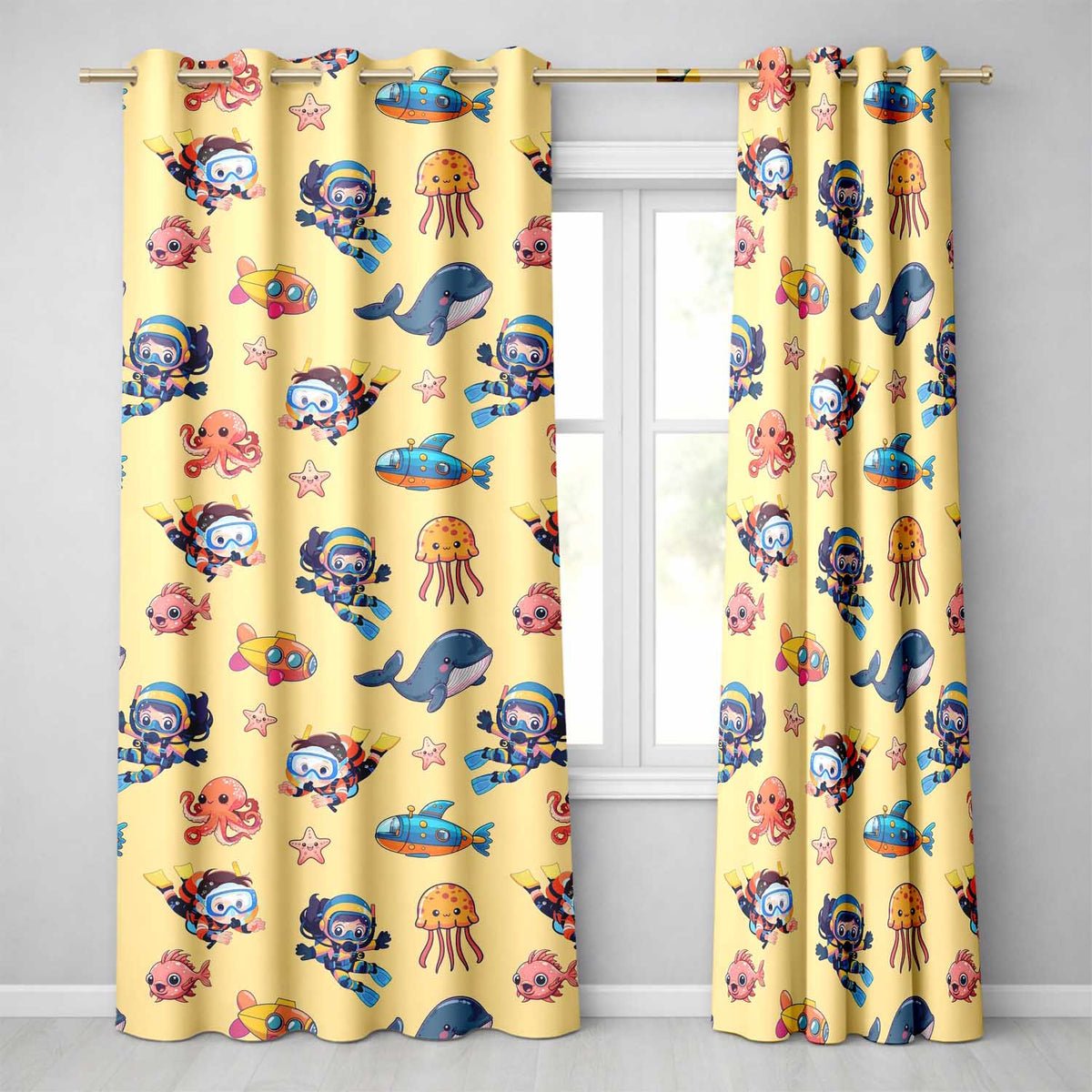 Underwater with Scuba Divers Starfish and Whale on Warm Yellow Background Readymade Eyelet Ring Top Thermal 100% Blackout Curtains