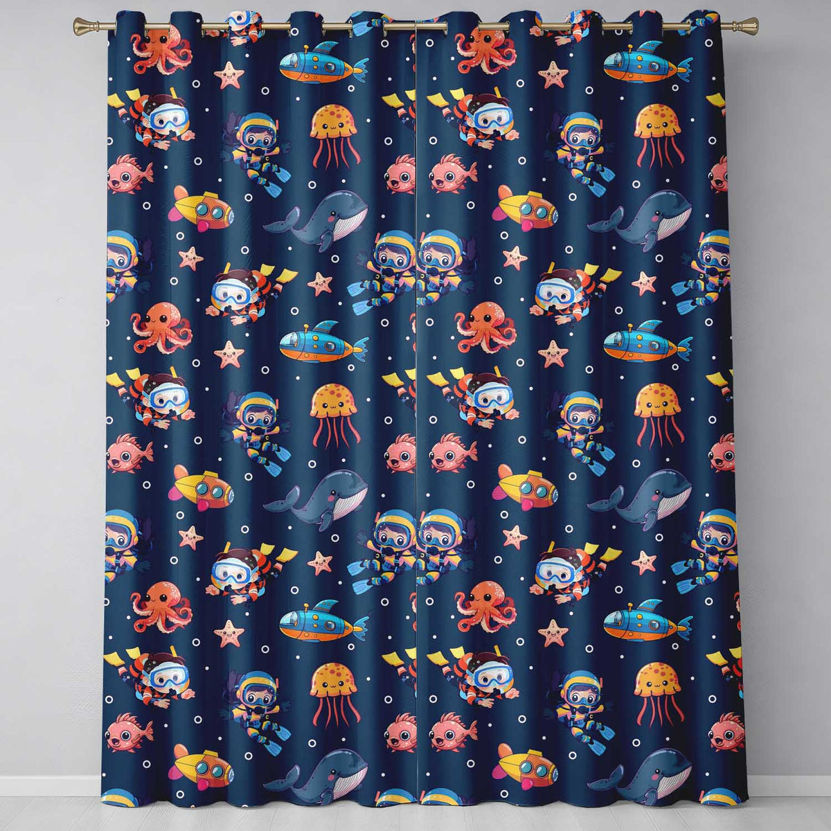 Underwater with Scuba Divers Starfish and Whale on Navy Blue Background Readymade Eyelet Ring Top Thermal 100% Blackout Curtains