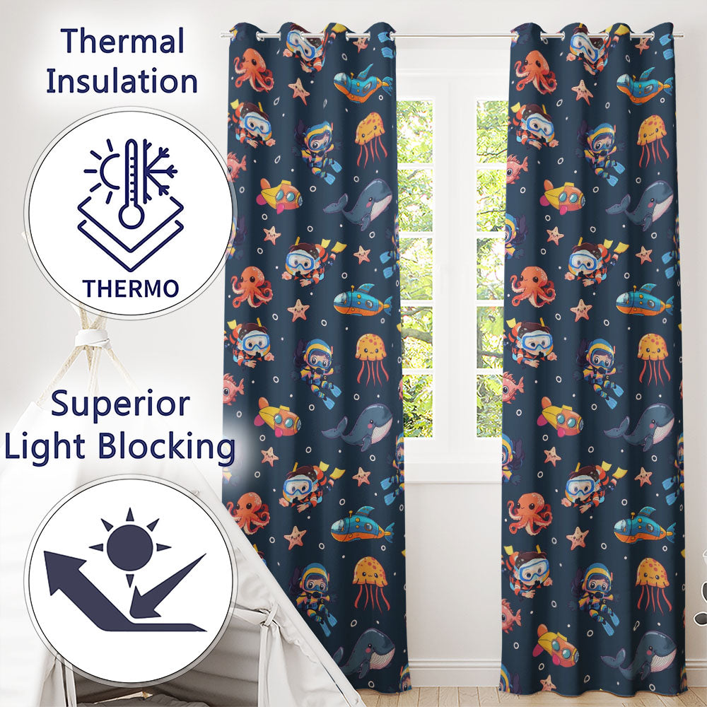Underwater with Scuba Divers Starfish and Whale on Navy Blue Background Readymade Eyelet Ring Top Thermal 100% Blackout Curtains