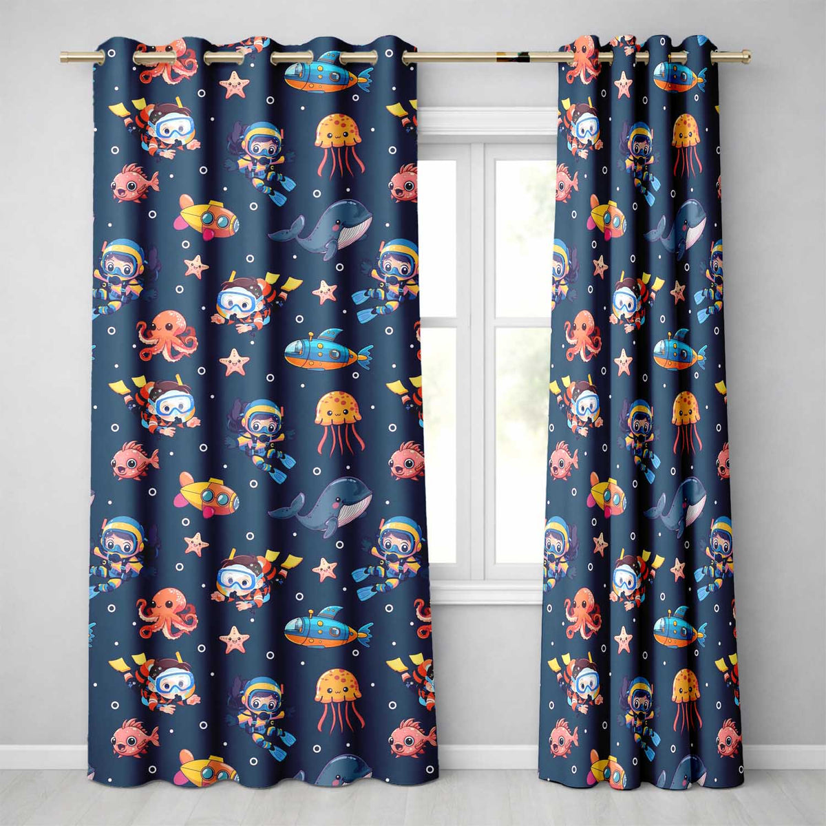 Underwater with Scuba Divers Starfish and Whale on Navy Blue Background Readymade Eyelet Ring Top Thermal 100% Blackout Curtains